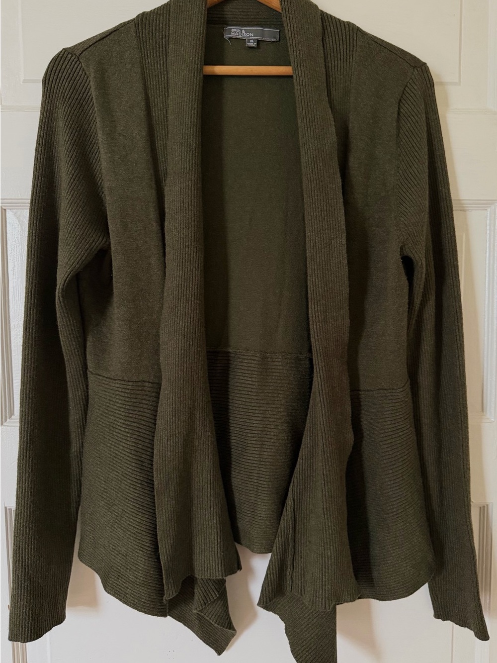 89th & Madison Olive Green Open Front Cardigan Women Size XL Peplum Hem